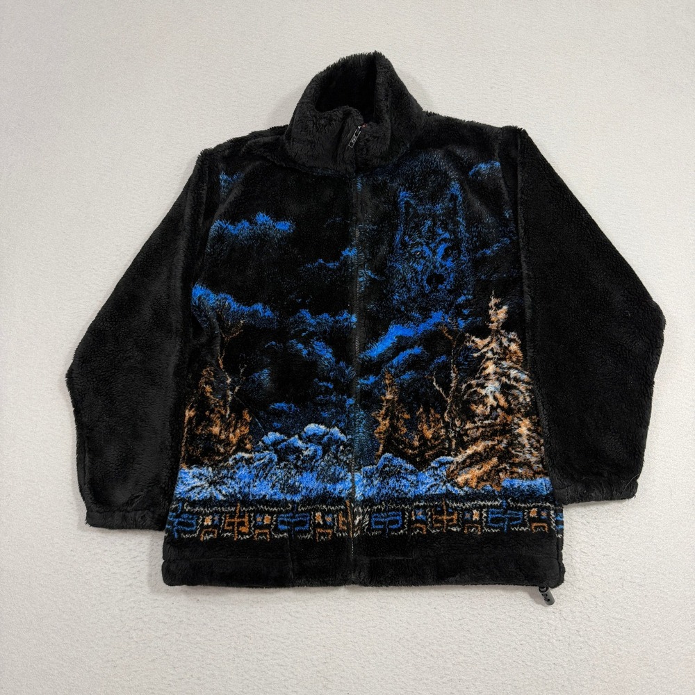 Vintage Black Mountain Fleece Jacket Small Wolf Nature Print Full Zip USA Made